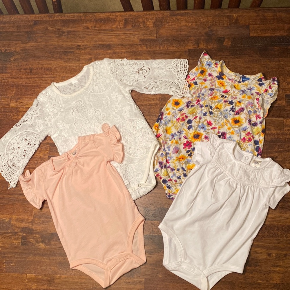 12 Month OshKosh Pink Onesie, also White One, Lace Long Sleeve, Floral Onesie